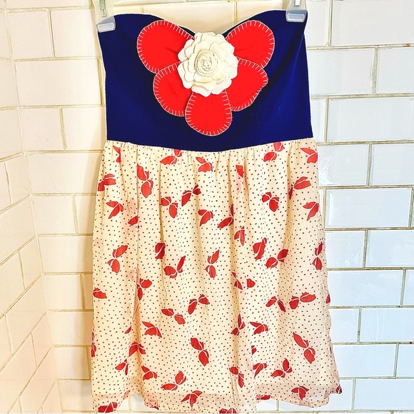🍓Judith March Mini Dress Sweetheart strapless 3-D flower Blue Red Cream Medium - Picture 1 of 11